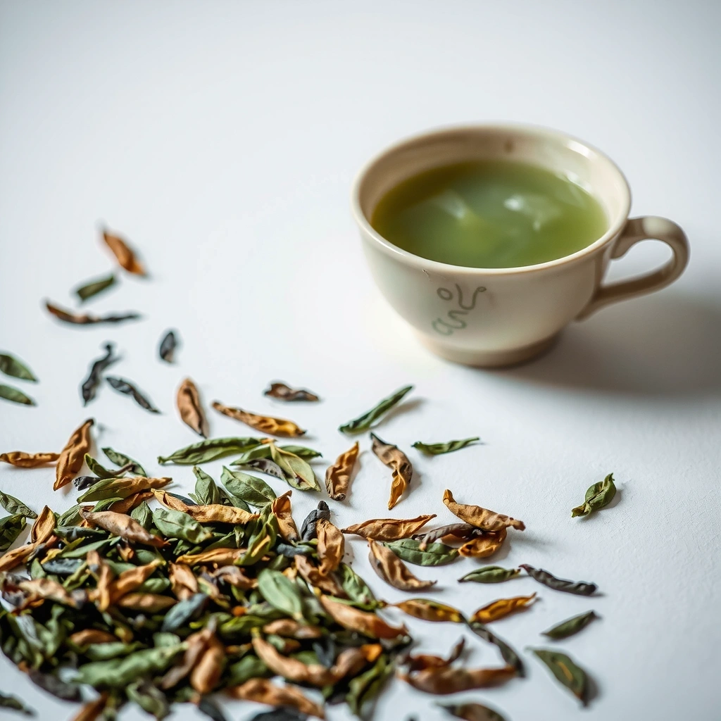 Green tea leaves and a cup of tea
