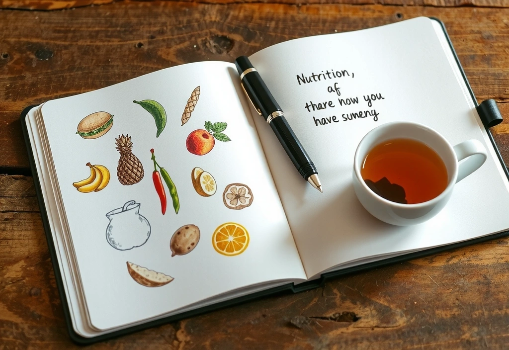 Open notebook with healthy food sketches, a pen, and a cup of tea, cozy and inviting