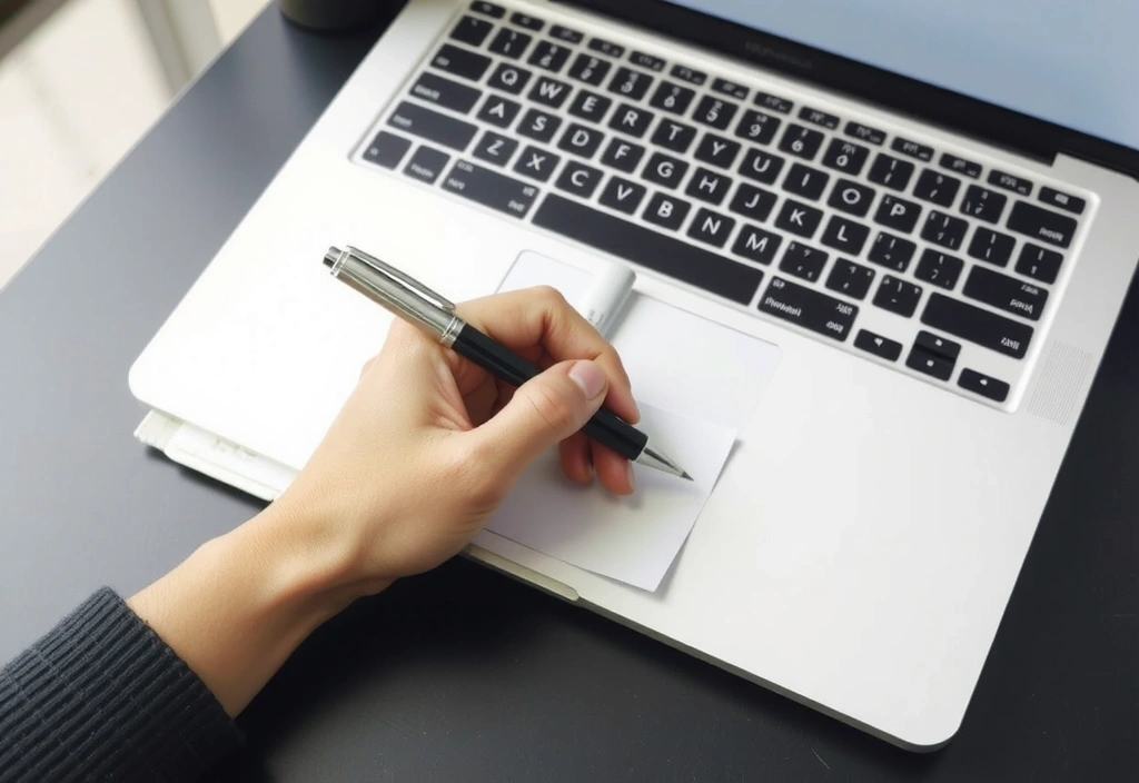 Hand writing on a notepad, next to a laptop, representing communication
