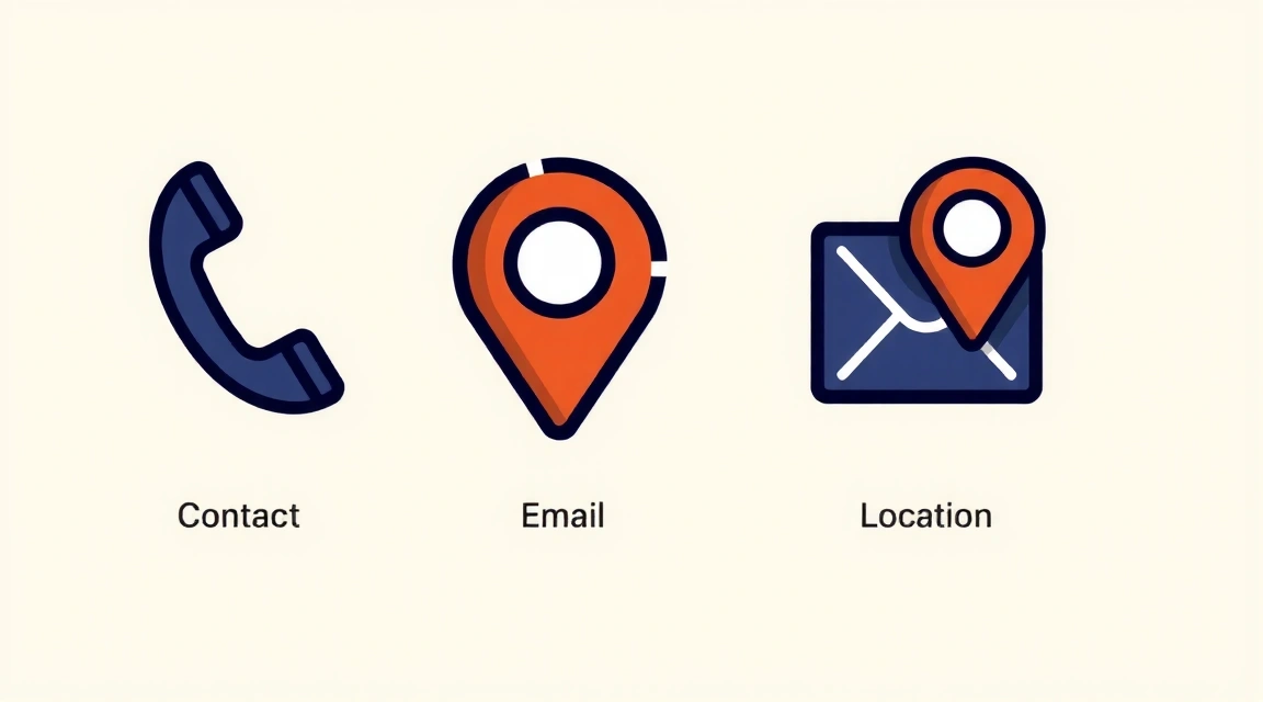Stylized contact icons: phone, email, location pin