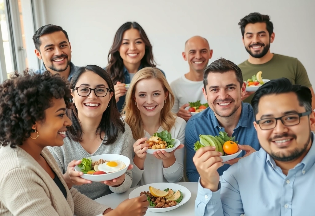 Diverse smiling people enjoying healthy meals in natural light.